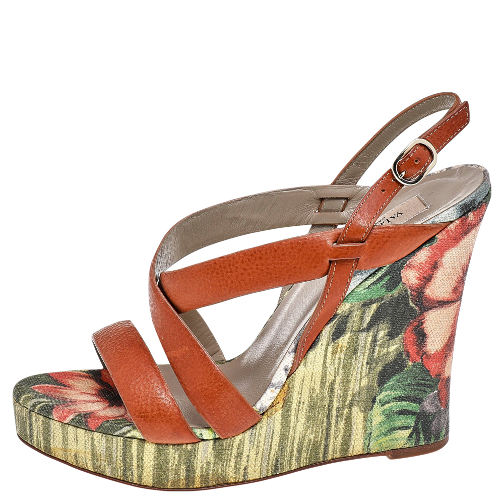 

Valentino Brown Leather Cross Strap Floral Platform Wedge Sandals Size