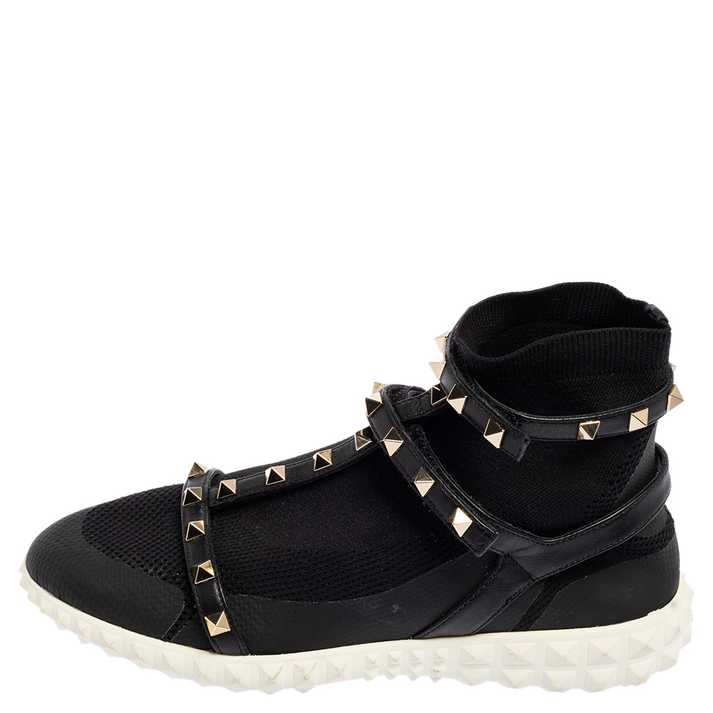 

Valentino Black Leather And Knit Fabric Rockstud Sock Sneakers Size