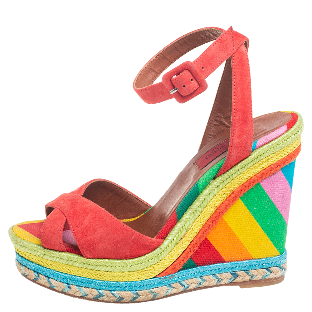 

Valentino Multicolor Suede Espadrille Wedge Ankle Strap Sandals Size