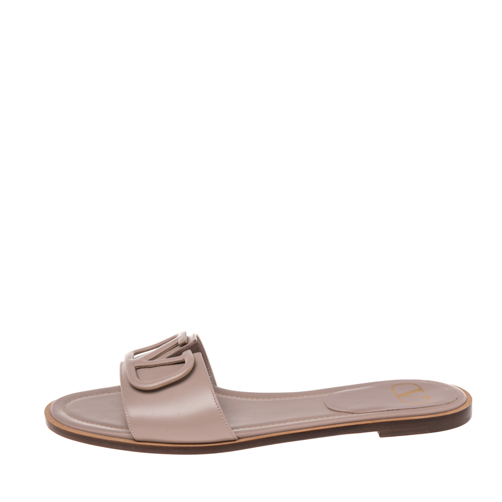 

Valentino Beige Leather Vlogo Signature Flat Slide Sandals Size