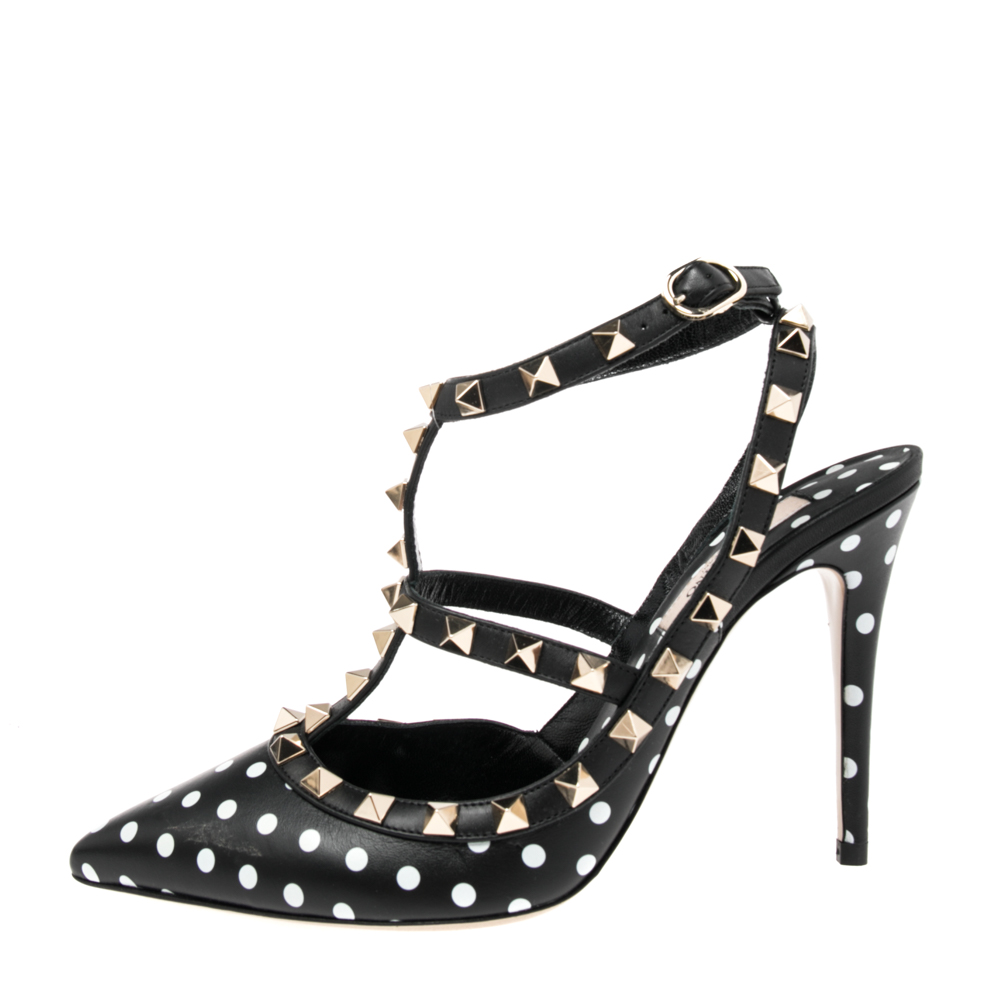 

Valentino Black/White Leather Rockstud Pointed Toe Ankle Strap Sandals Size