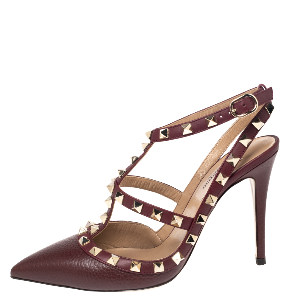 

Valentino Burgundy Leather Rockstud Pointed Toe Ankle Strap Sandals Size