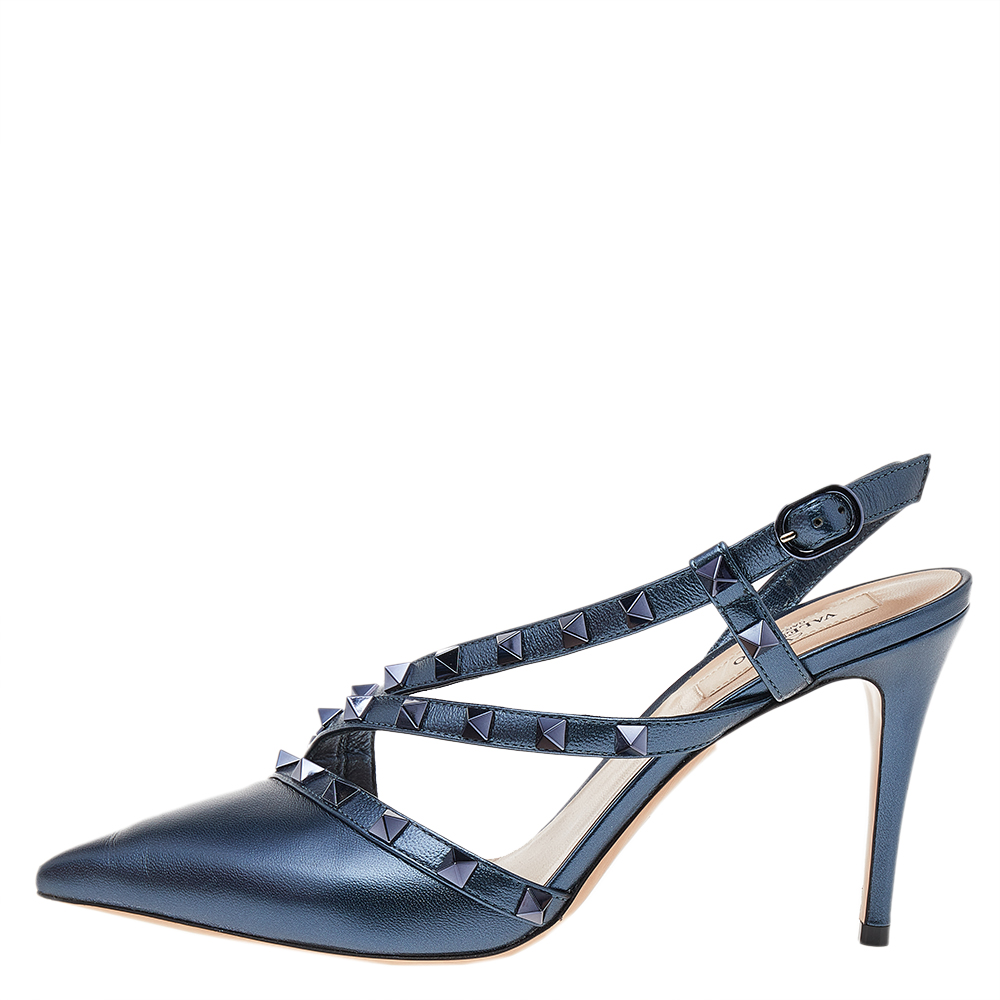 

Valentino Metallic Blue Leather Rockstud Strappy Sandals Size