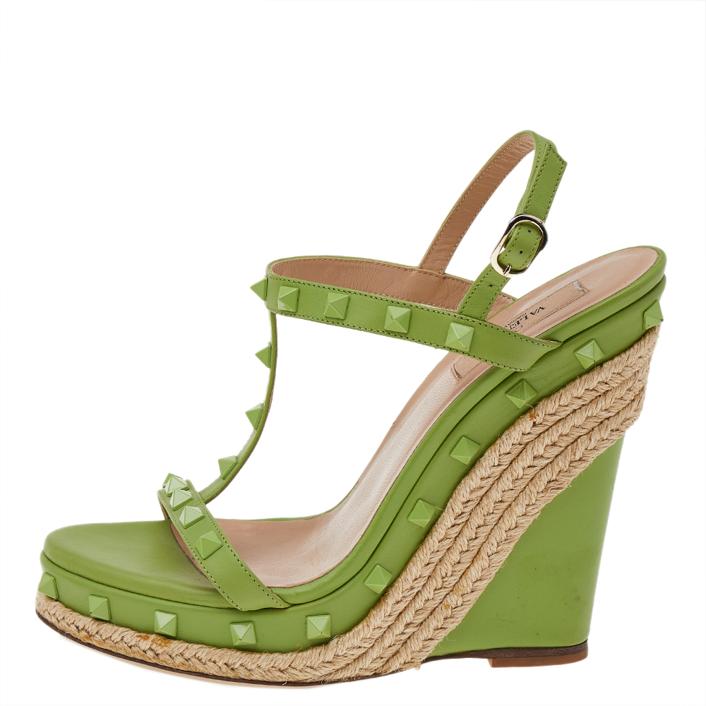 

Valentino Green Leather Rockstud Espadrille Platform Wedge Sandals Size