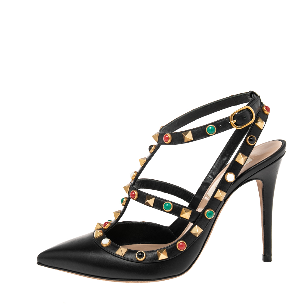 

Valentino Black Leather Rolling Rockstud Ankle Strap Sandals Size