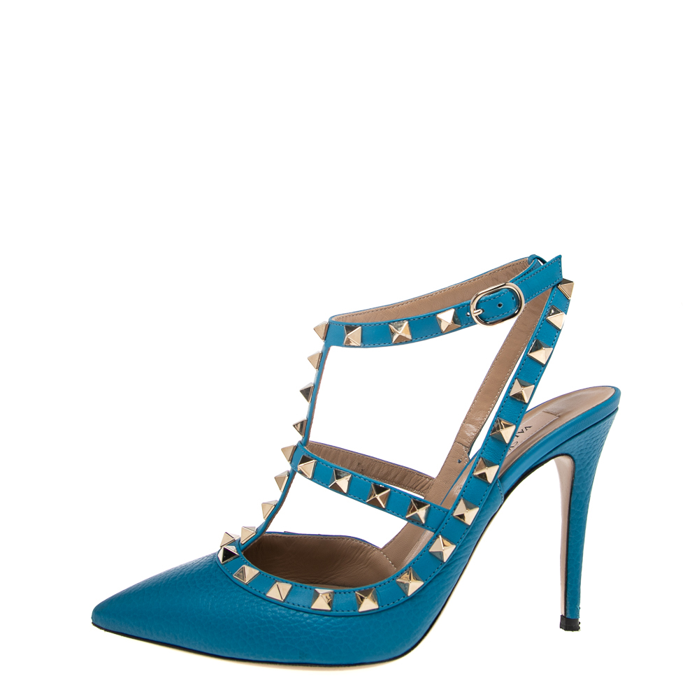 

Valentino Blue Leather Rockstud Pointed Toe Ankle Strap Sandals Size