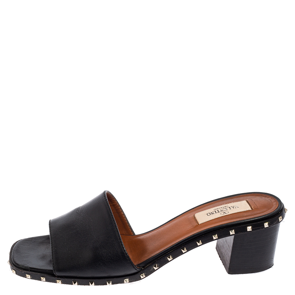 

Valentino Black Leather Soul Rockstud Slide Mules Size