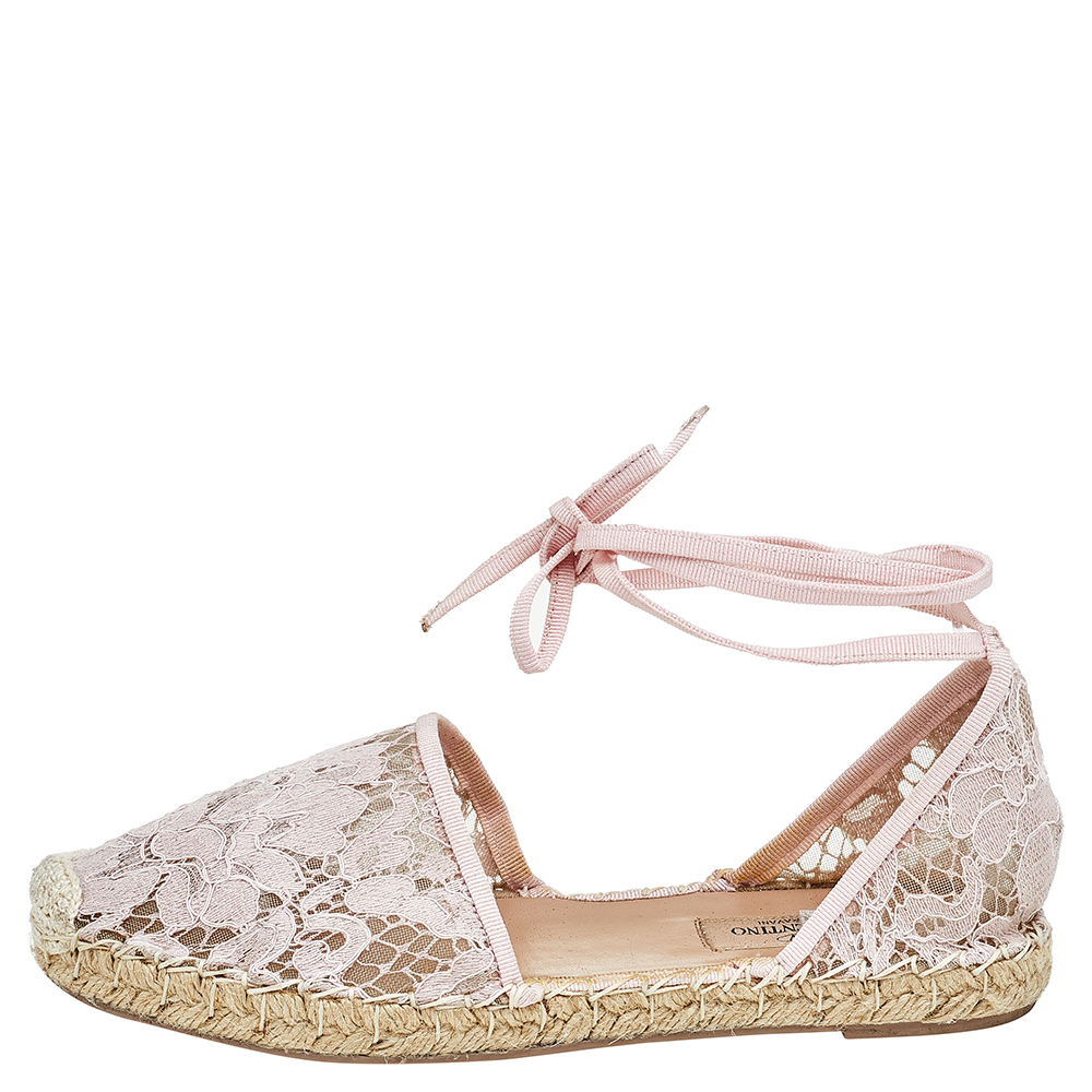 

Valentino Pink Floral Lace Espadrille Ankle Wrap Flats Sandals Size