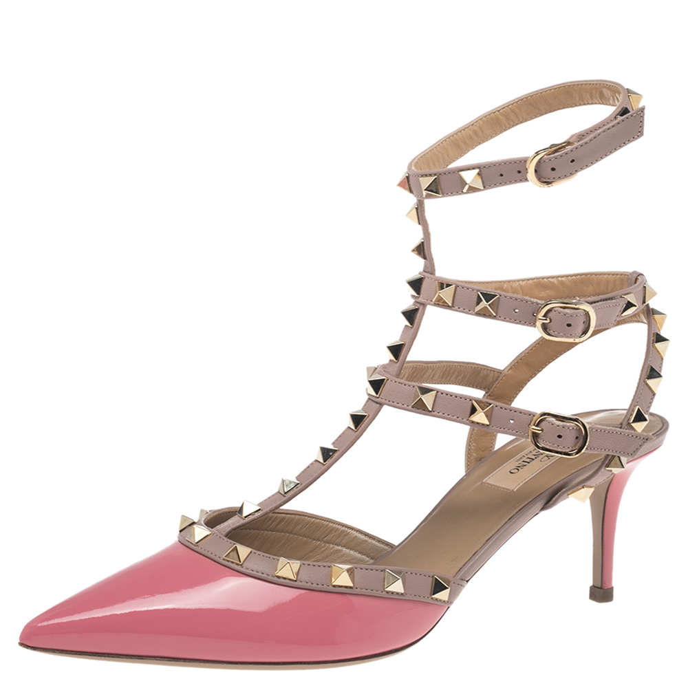 

Valentino Two Tone Pink Patent and Leather Rockstud Pointed Toe Sandals Size
