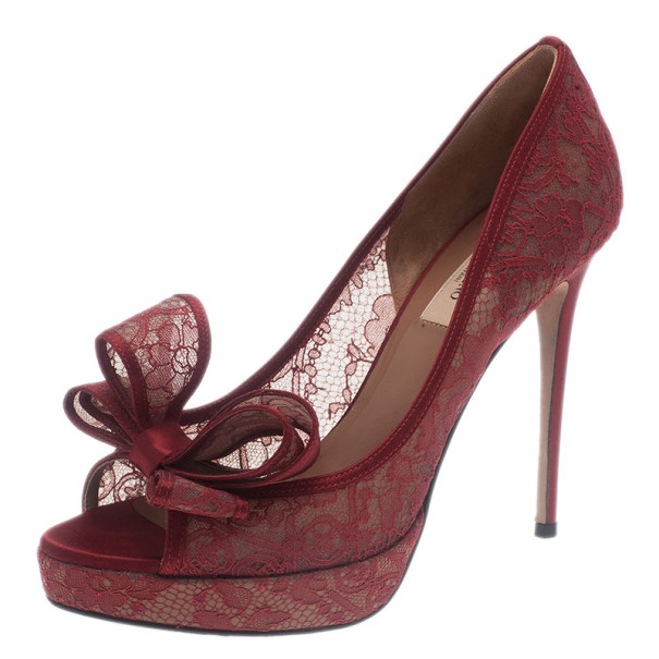 Pre Owned Valentino Red Couture Bow Lace Platform Pumps Size 38.5