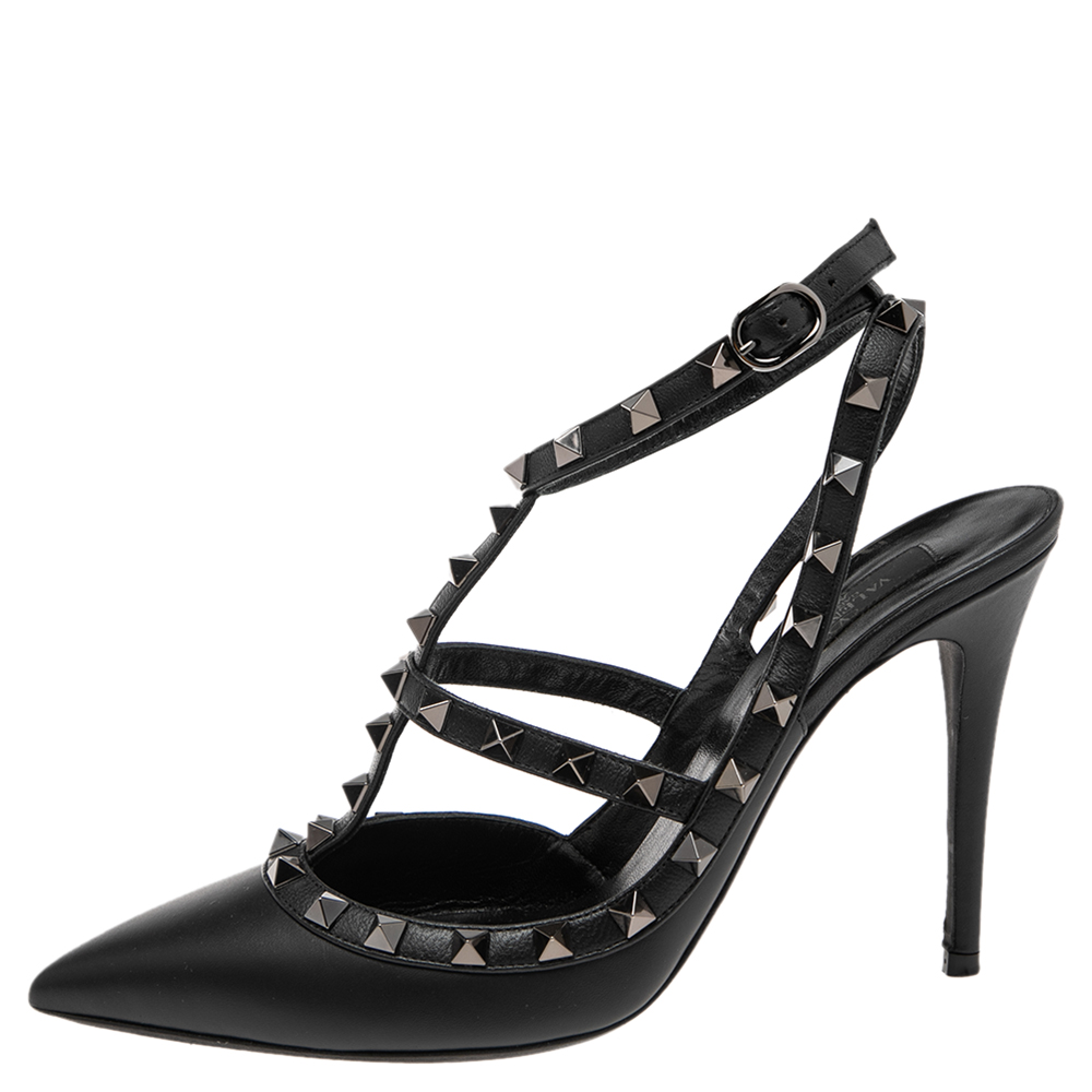 

Valentino Black Leather Rockstud Ankle Strap Sandals Size