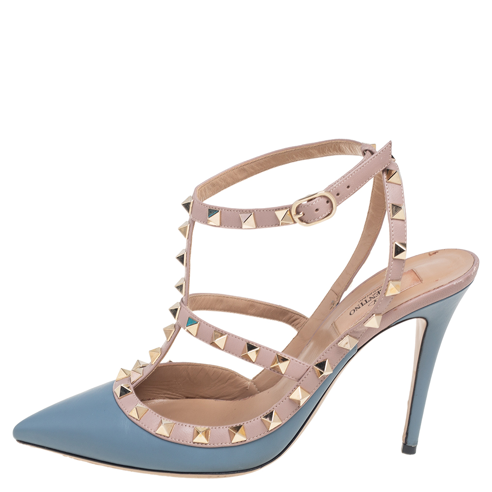 

Valentino Blue/Pink Leather Rockstud Pointed Toe Sandals Size