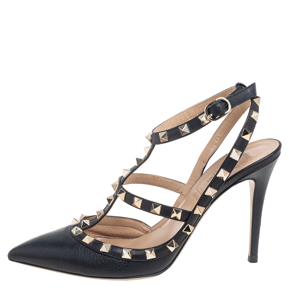 

Valentino Black Leather Rockstud Ankle Strap Pumps Size
