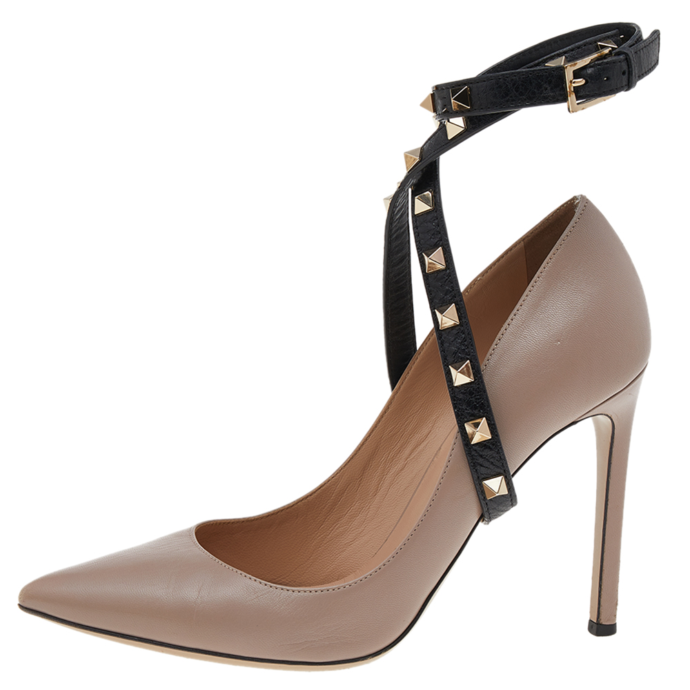 

Valentino Beige/Black Leather Rockstud Ankle Wrap Pointed Toe Pumps Size