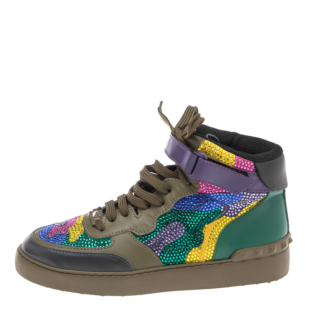 

Valentino Multicolor Camoflauge Leather and Suede Crystal Embellished High Top Sneakers Size