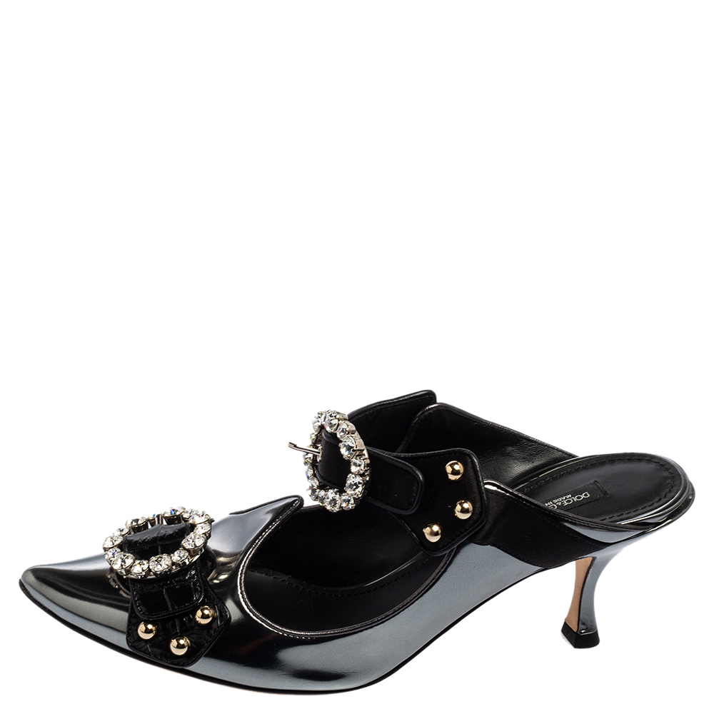 

Dolce & Gabbana Metallic Grey/Black Leather and Satin Crystal Embellished Mules Size