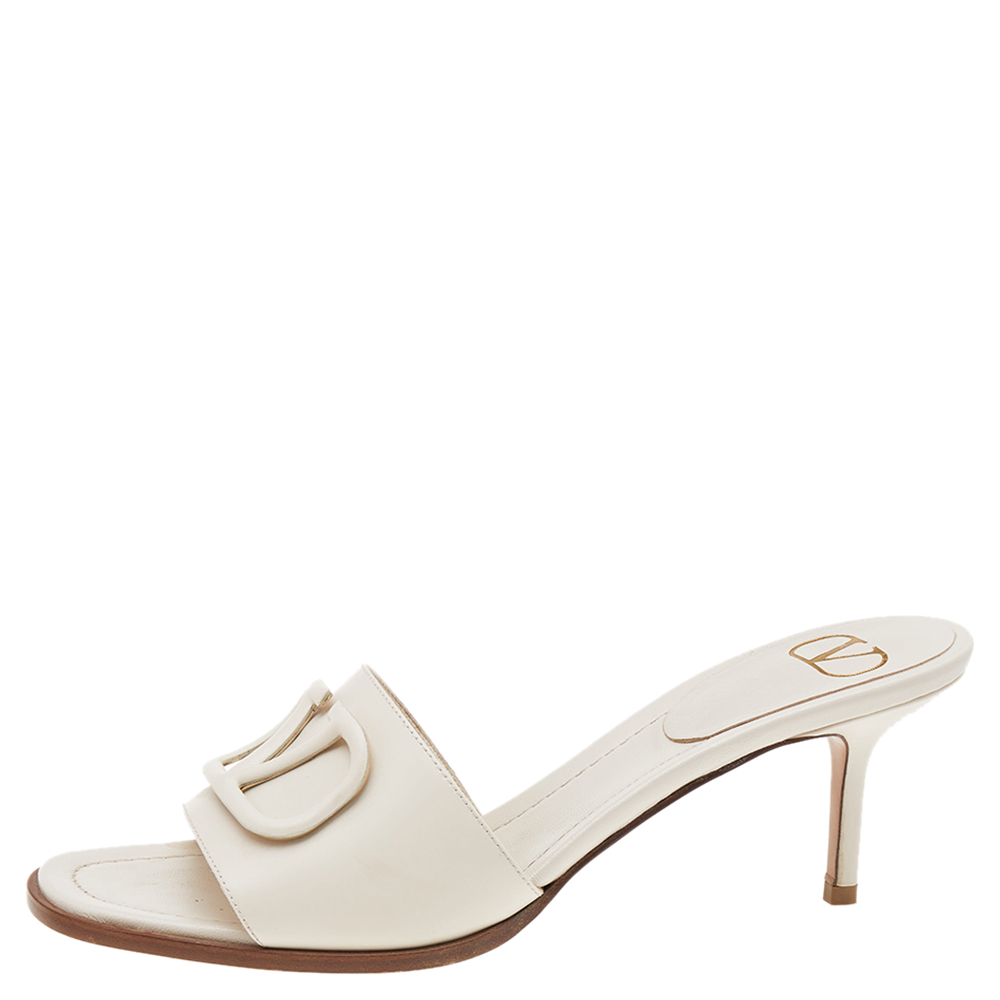 

Valentino Off White Leather Vlogo Mule Sandals Size