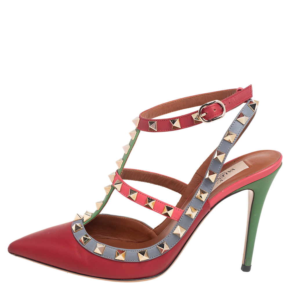 

Valentino Multicolor Leather Rockstud Ankle Strap Sandals Size, Red