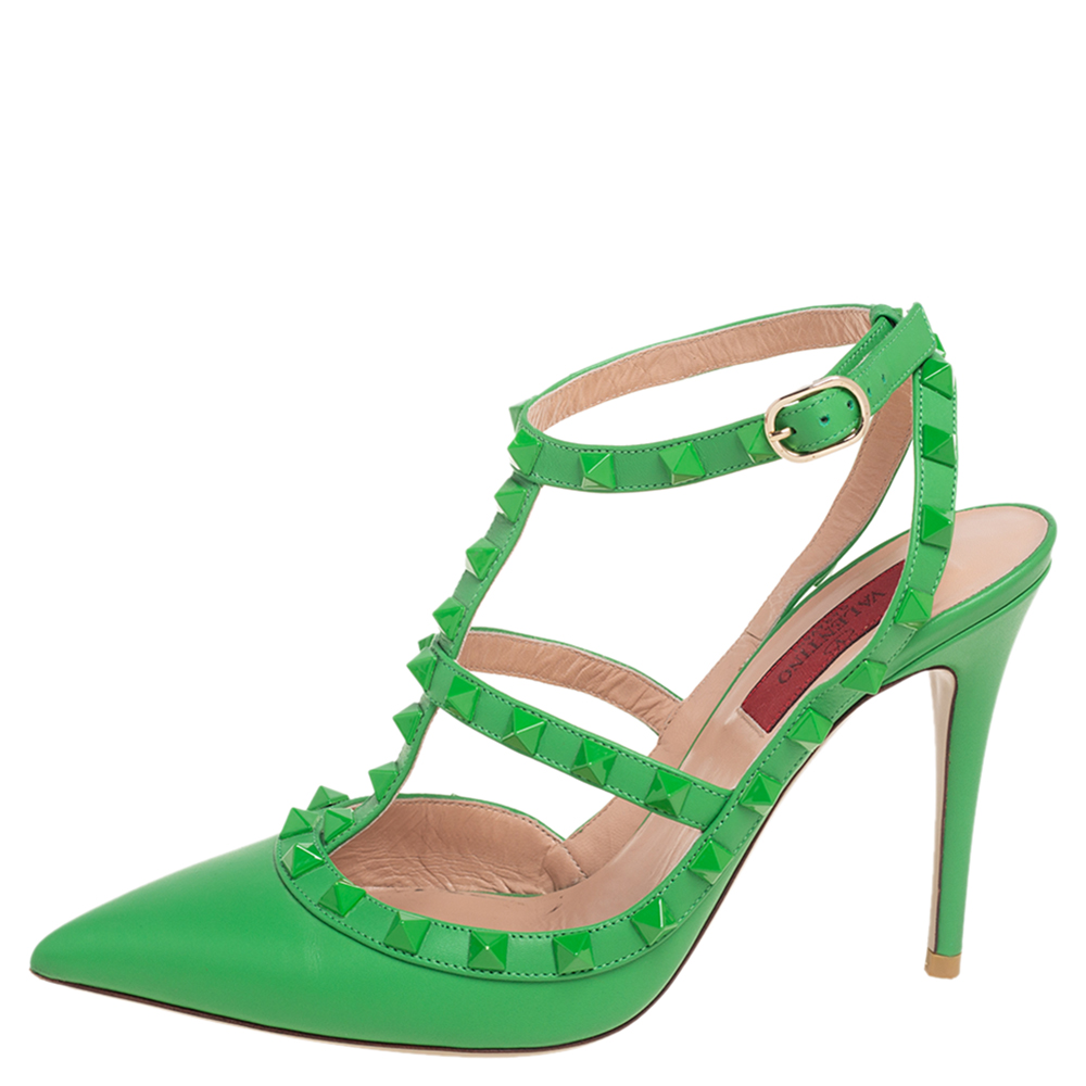 

Valentino Green Leather Rockstud Ankle Strap Pointed Toe Sandals Size