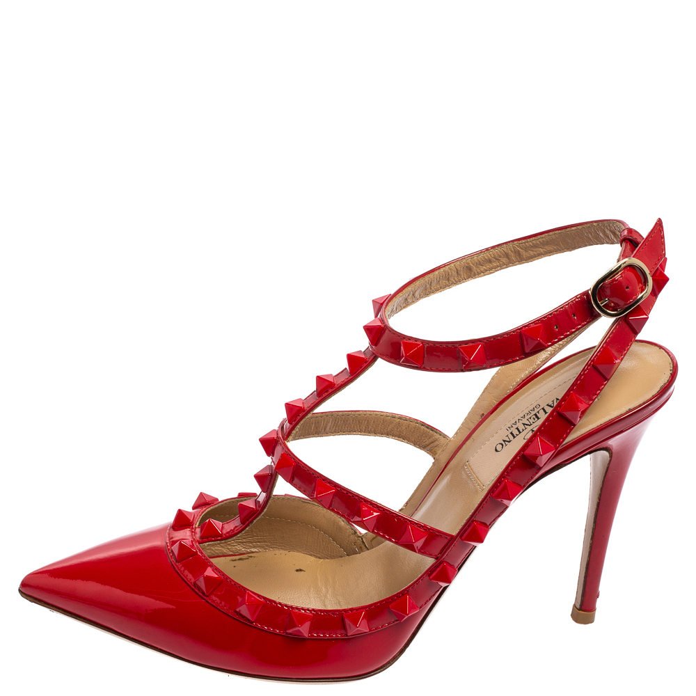 

Valentino Red Patent Leather Rockstud Pointed Toe Ankle Strap Sandals Size