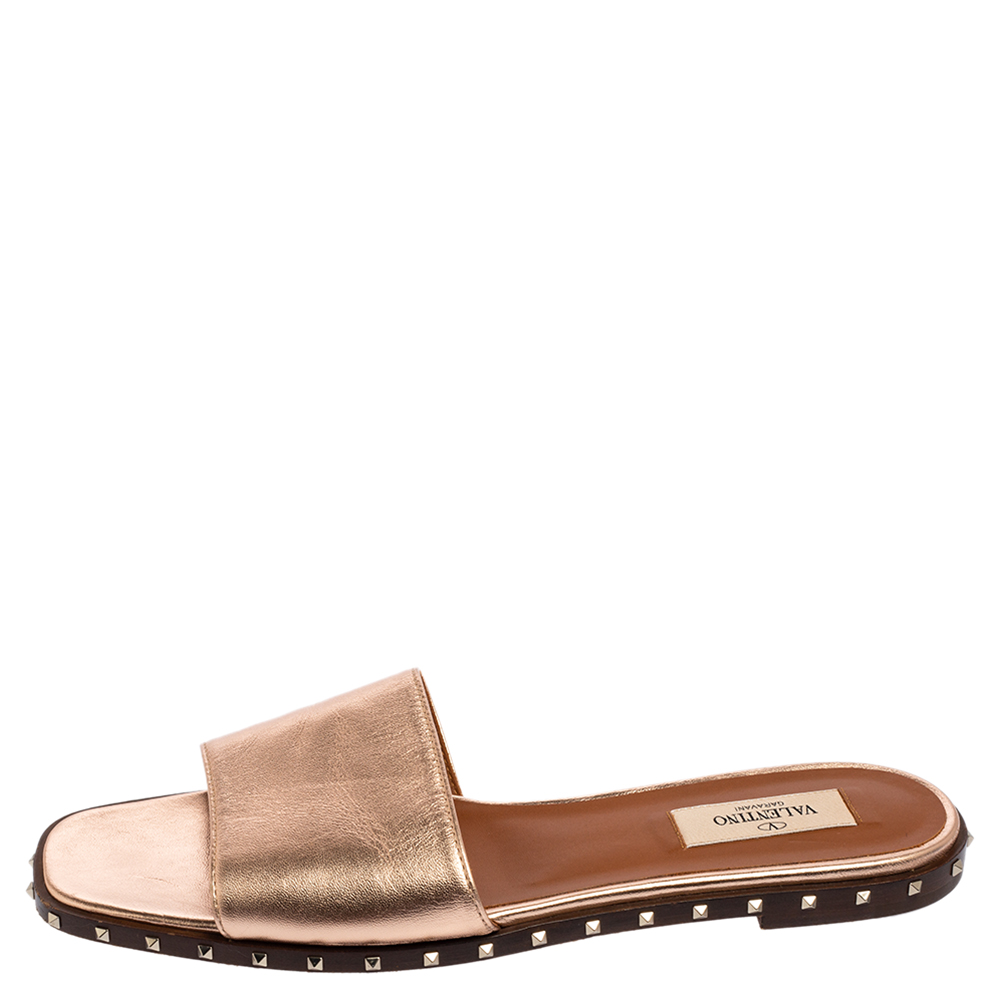 

Valentino Gold Leather Rockstud Slide Flats Size