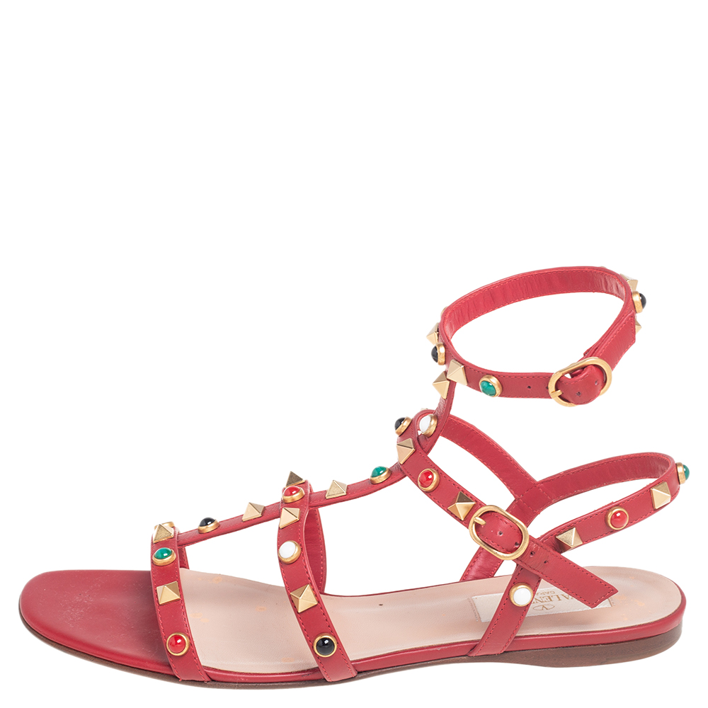 

Valentino Red Leather Rolling Rockstud Flat Sandals Size