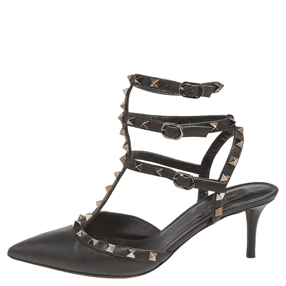 

Valentino Black Leather Rockstud Ankle Strap Sandals Size