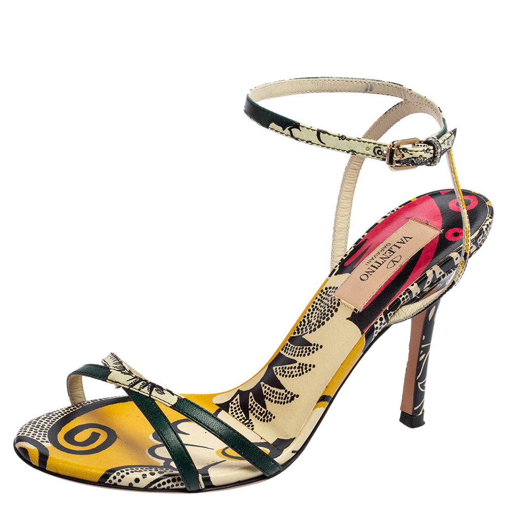 

Valentino Multicolor Printed Leather Criss-Cross Ankle-Strap Sandals Size