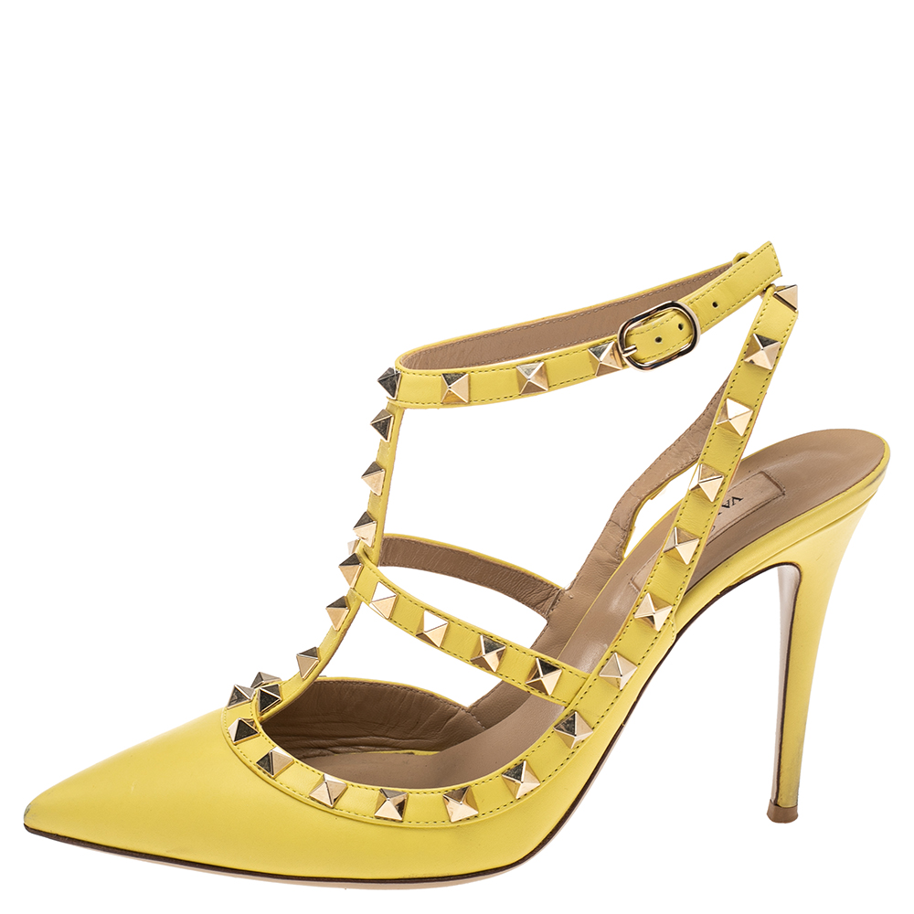 

Valentino Yellow Leather Rockstud Strappy Pointed Toe Sandals Size