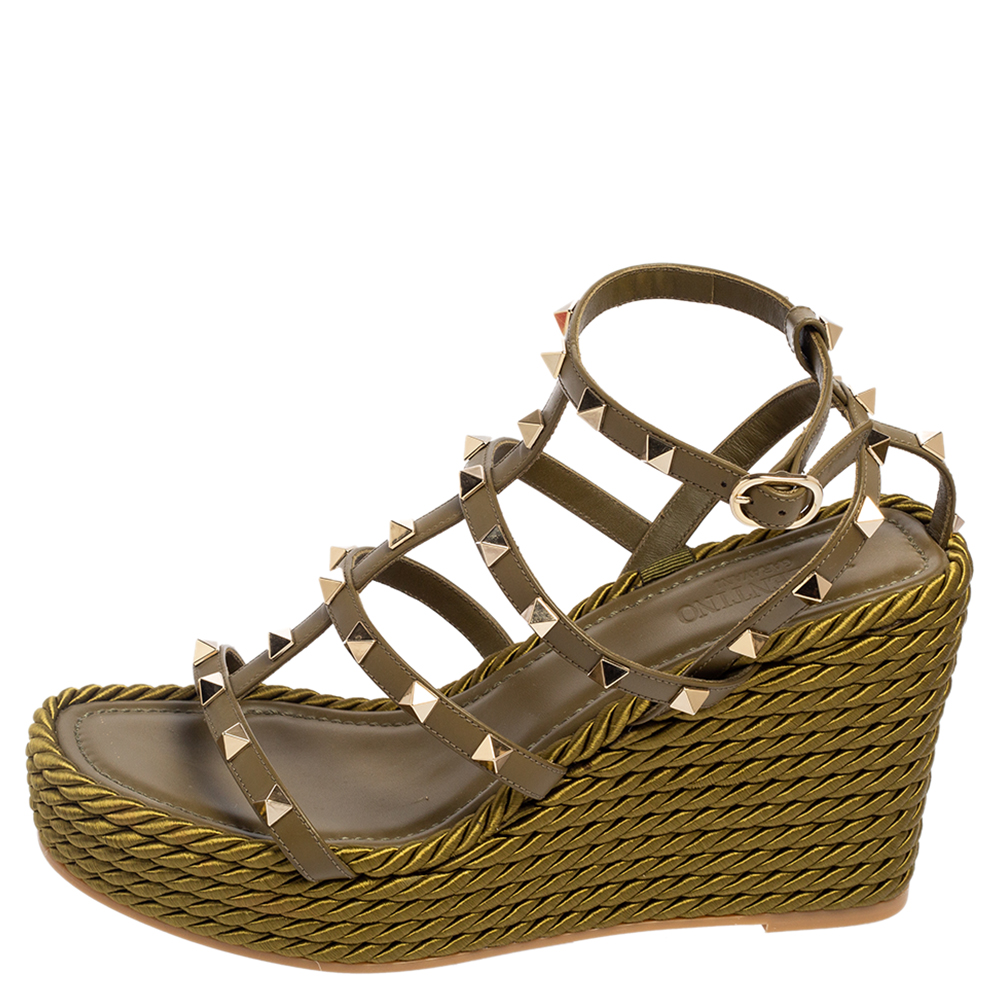 

Valentino Green Leather Rockstud Torchon Wedge Platform Espadrille Sandals Size