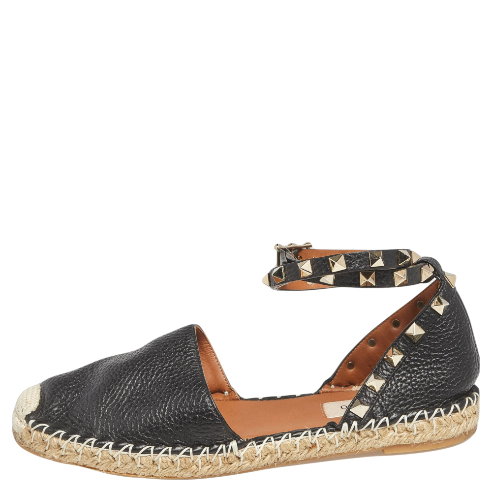 

Valentino Black Leather Rockstud Flat Espadrilles Size