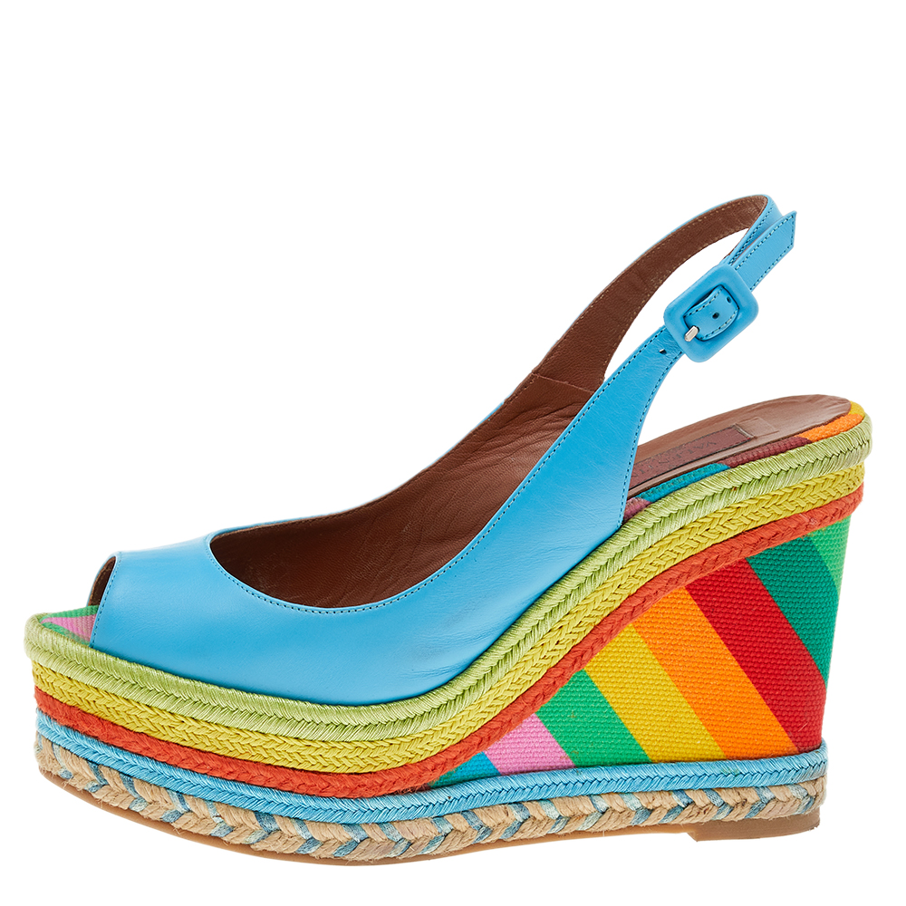 

Valentino Blue Leather Peep Toe Singback Rainbow Wedge Sandals Size