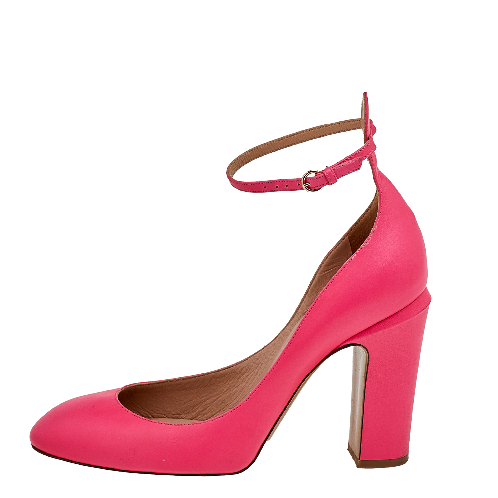 

Valentino Pink Leather Block Heel Ankle Strap Pumps Size