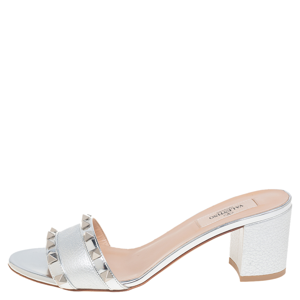 

Valentino Metallic Silver Leather Rockstud Block Heel Slides Size