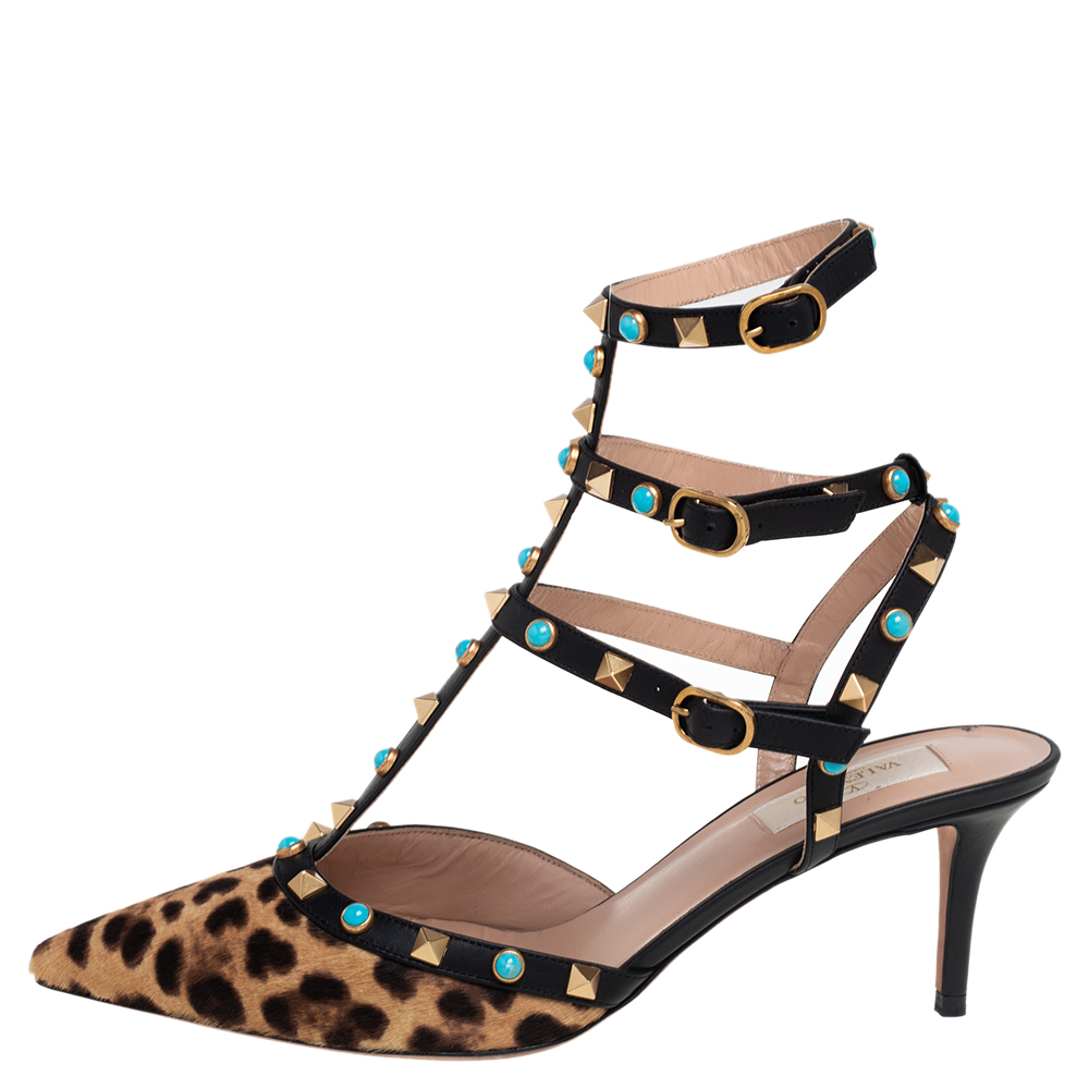 

Valentino Brown/Beige Calf Hair Rolling Rockstud Pointed Toe Ankle Strap Sandals Size