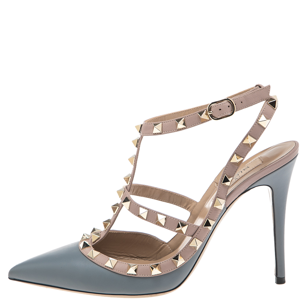 

Valentino Grey/Pink Leather Rockstud Pointed-Toe Sandals Size