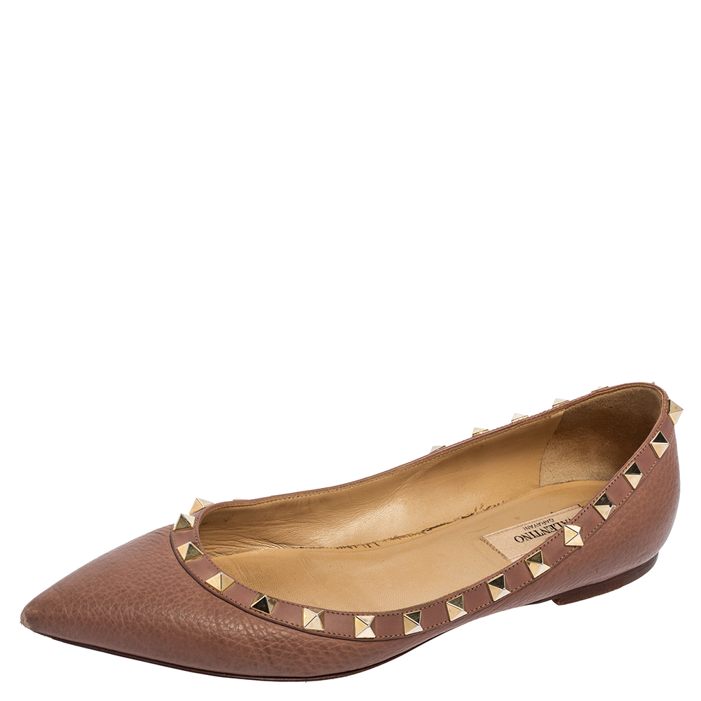 Pre-owned Valentino Beige Leather Rockstud Ballet Flats Size 38 | ModeSens
