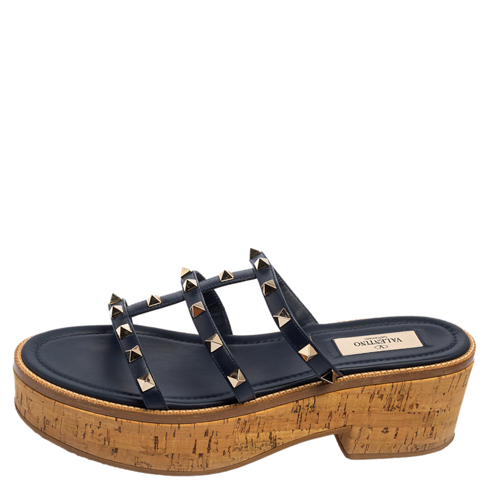 

Valentino Navy Blue Leather Rockstud Cork Platform Slide Sandals Size