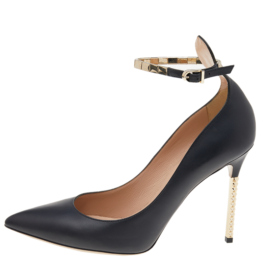 

Valentino Black Leather Rockstud Heel Ankle Strap Pointed Toe Pumps Size