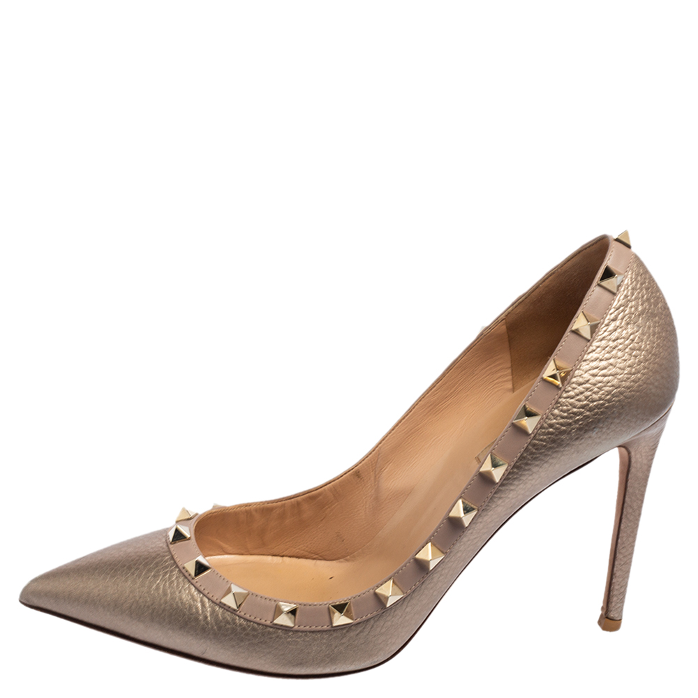

Valentino Metallic Bronze Leather Rockstud Pointed-Toe Pump Size
