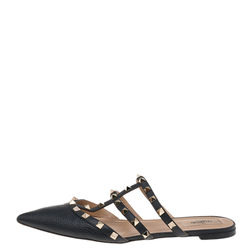 

Valentino Black Leather Rockstud Flat Mules Size