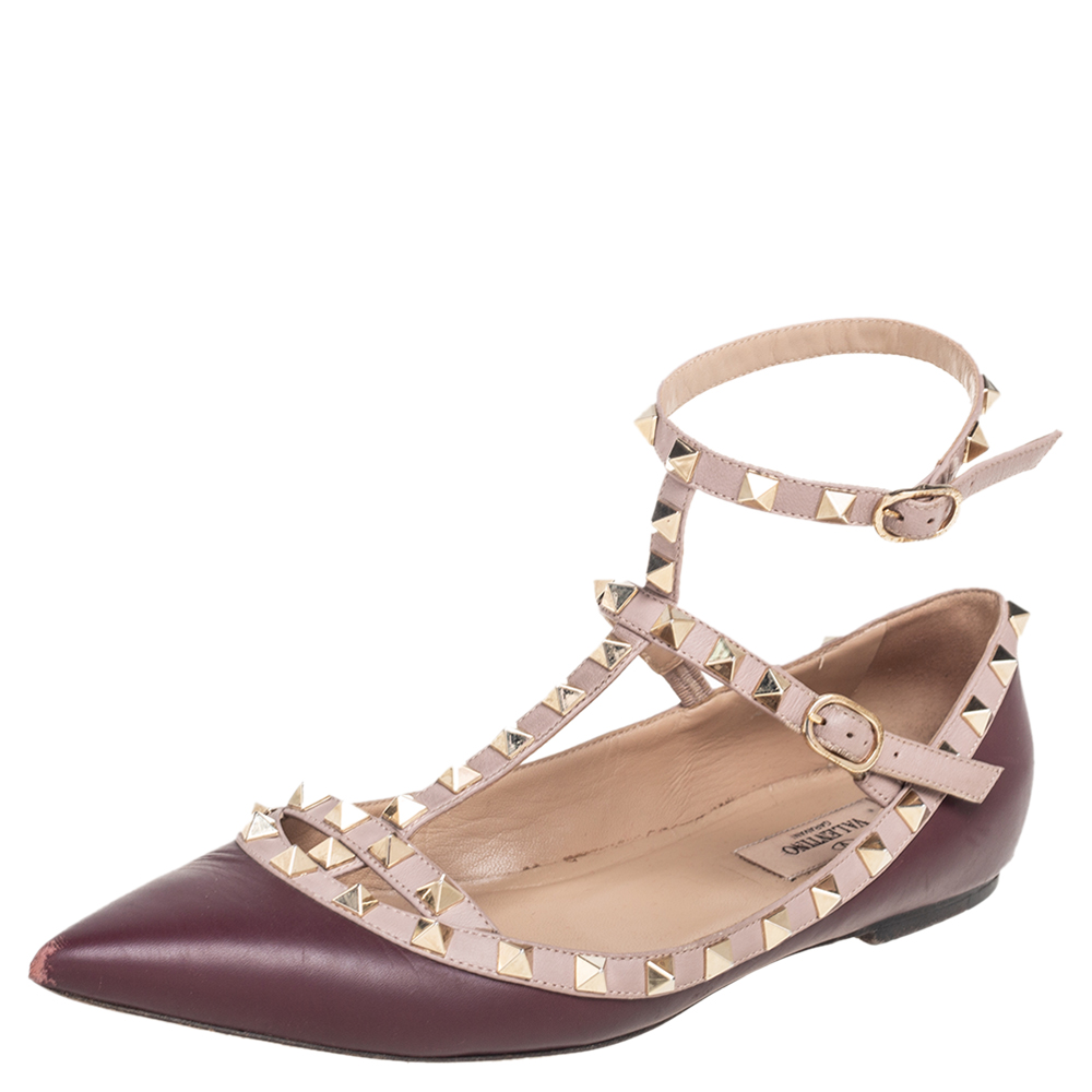Pre-owned Valentino Garavani Beige/burgundy Leather Rockstud Ankle Strap Ballet Flats Size 39