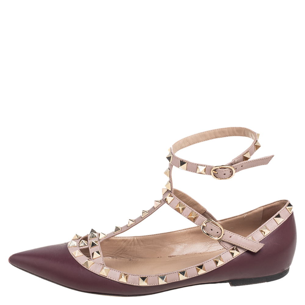 

Valentino Beige/Burgundy Leather Rockstud Ankle Strap Ballet Flats Size