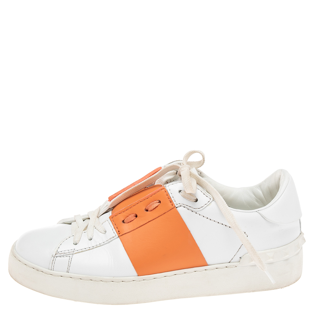 

Valentino White/Orange Leather Rockstud Low-Top Sneakers Size