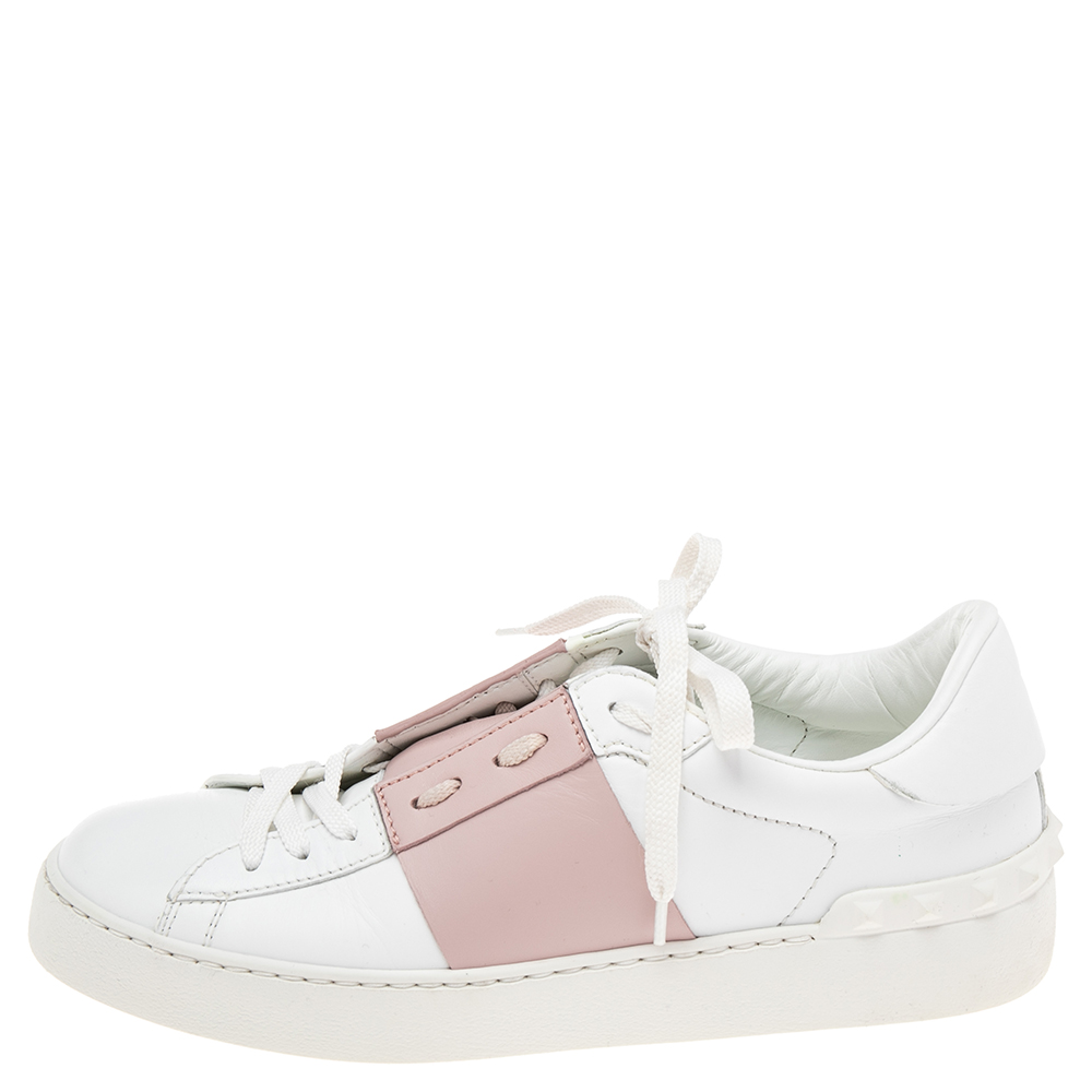 

Valentino White/Blush Pink Leather Open Low Top Sneakers Size
