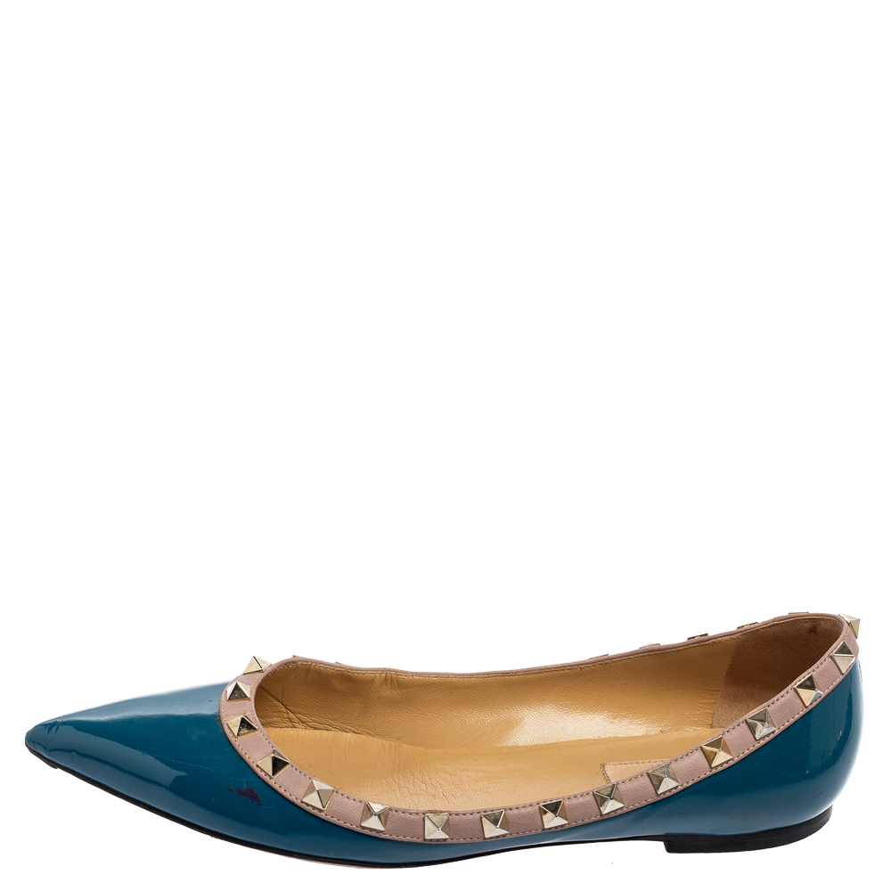 

Valentino Blue Patent Leather Rockstud Pointed-Toe Ballet Flats Size