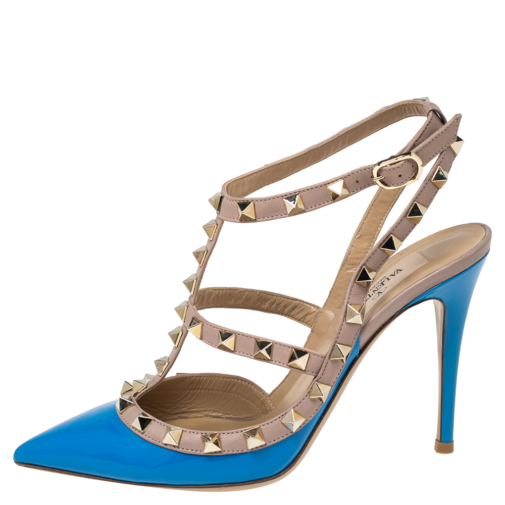 

Valentino Blue/Beige Patent Leather And Leather Rockstud Ankle Strap Sandals Size