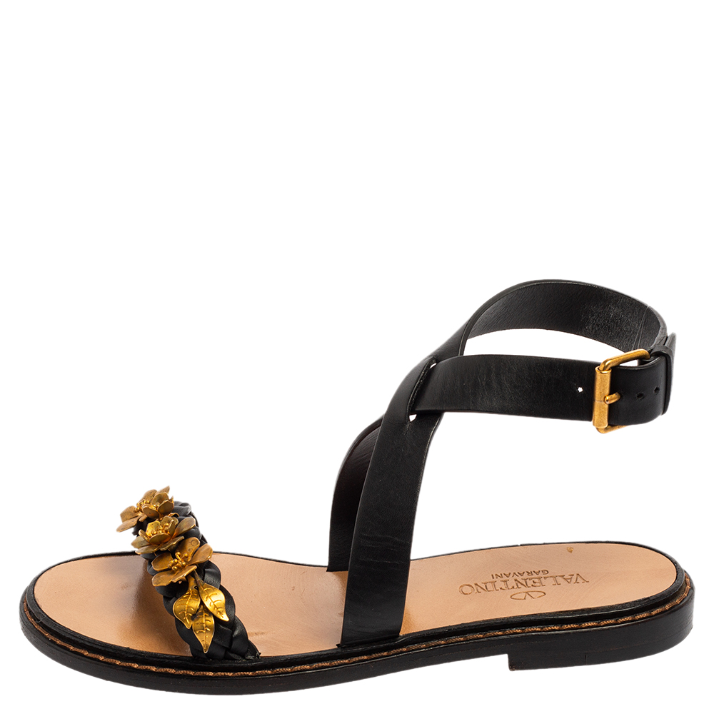 

Valentino Black Leather Floral Embellished Testa Di Moro Ankle Strap Flat Sandals Size
