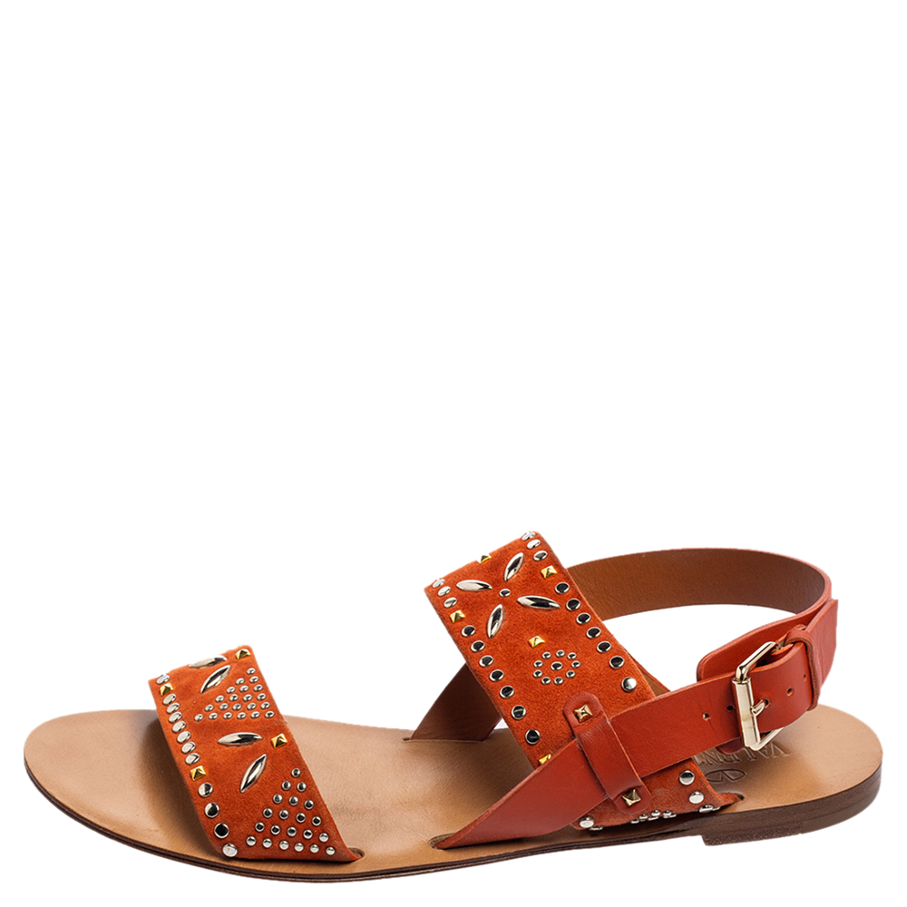 

Valentino Orange Embellished Suede and Leather Flat Sandals Size