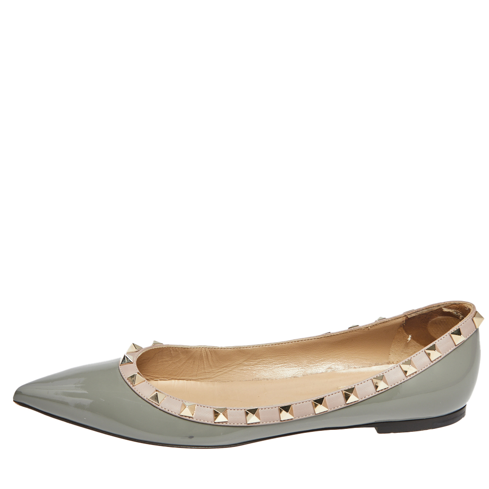 

Valentino Beige/Green Patent Leather Rockstud Ballet Flats Size